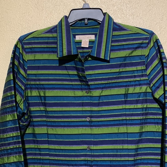c.l.o.t.h.e.s Jacket Blazer XL Navy Blue Green Stripes 3/4 Sleeve Front Buttons - Picture 3 of 14